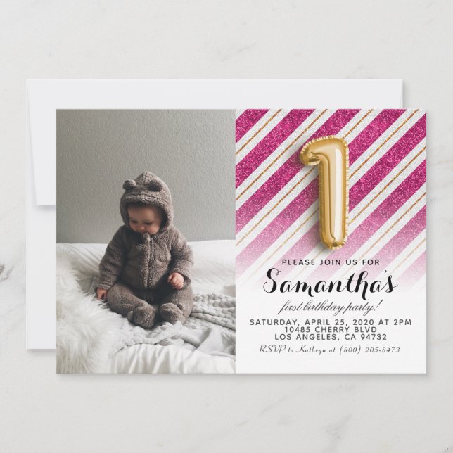 1st Birthday Glitter Portrait Invitation (Front)