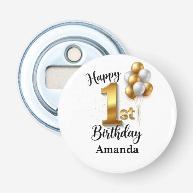1st Birthday Gold Balloons Bottle Opener (Front)
