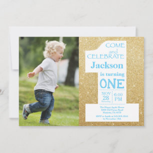 1st Birthday Gold Glitter and Blue Photo Invitation