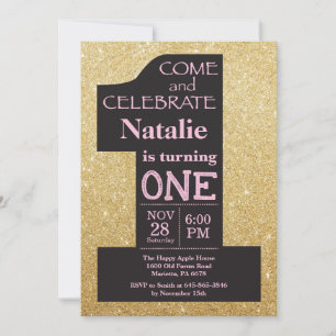 1st Birthday Gold Glitter and Pink Invitation