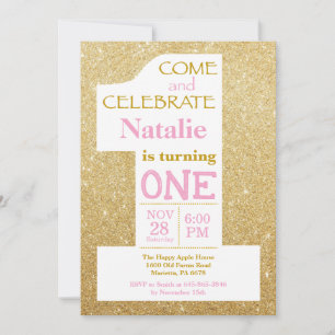 1st Birthday Gold Glitter and Pink Invitation