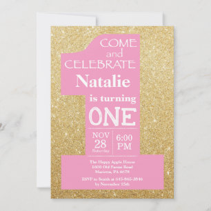 1st Birthday Gold Glitter and Pink Invitation