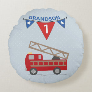 1st Birthday Grandson, Firetruck Round Pillow