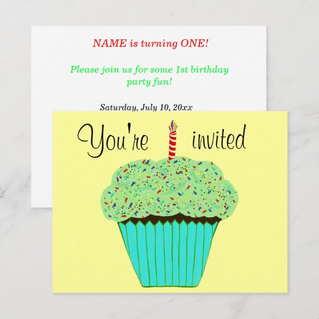 1st Birthday Green Cupcake Invitation CUSTOMIZE (Front/Back)