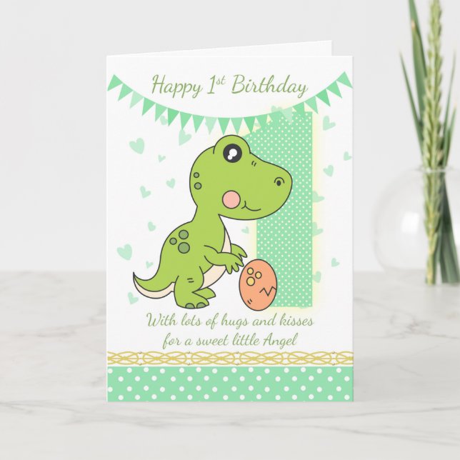 1st Birthday green Dinosaur Card, Babys 1st Card (Front)