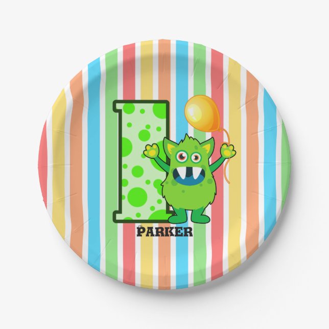 1st Birthday Green Monster Custom Paper Plate (Front)