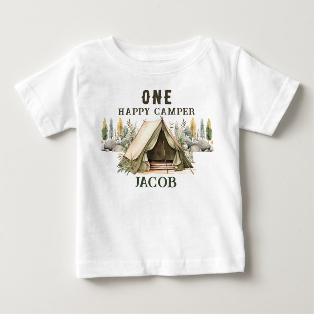 1st Birthday Happy Camper Kids Birthday Party Baby T-Shirt (Front)