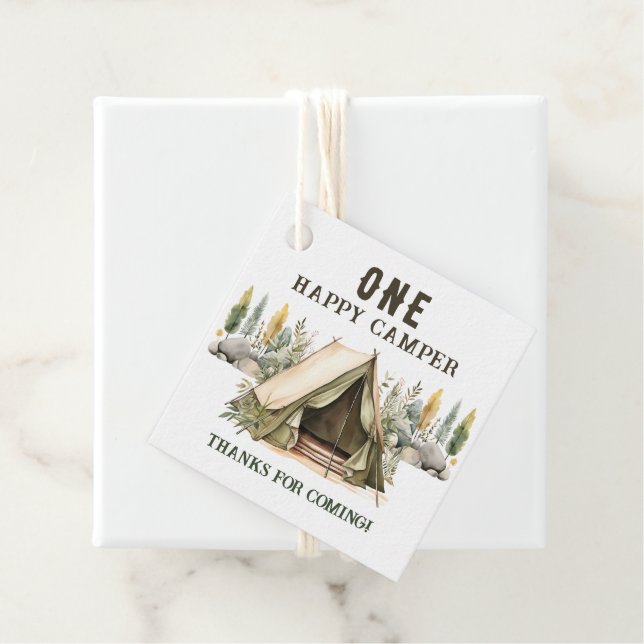 1st Birthday Happy Camper Kids Birthday Party Favour Tags (In Situ)