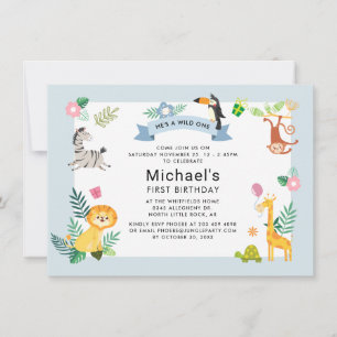 1st Birthday He's A Wild One Jungle Safari Animals Invitation