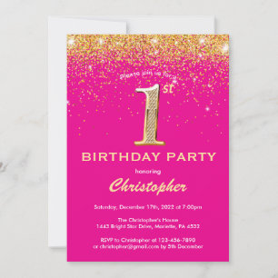 1st Birthday Hot Pink and Gold Glitter Confetti Invitation