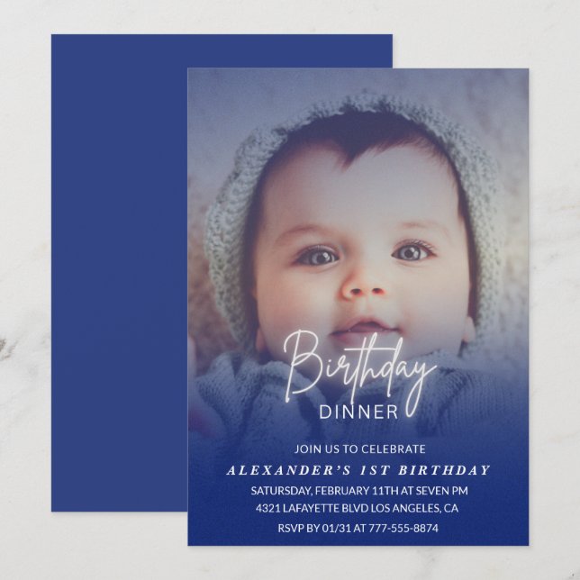 1st birthday invitation Birthday Dinner Photo boy (Front/Back)