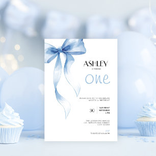 1st Birthday Invitation Blue Bow for Girls