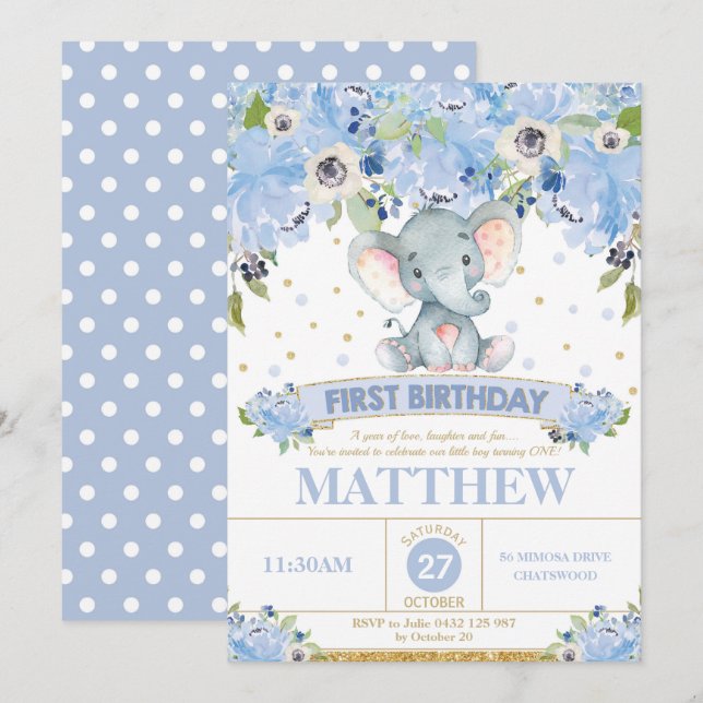 1st Birthday Invitation Boy Cute Elephant Blue (Front/Back)