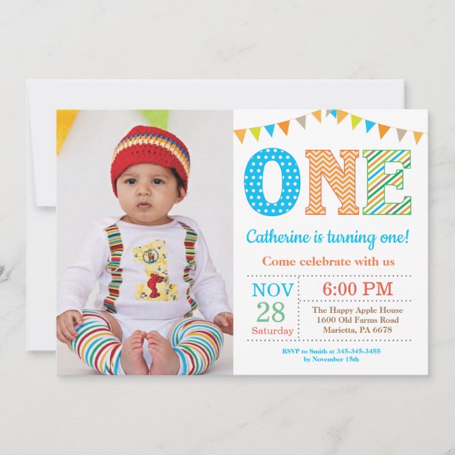 1st Birthday Invitation. Boy First Birthday Photo Invitation (Front)