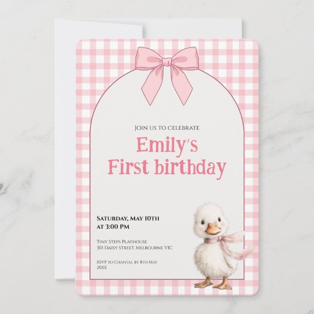1st Birthday Invitation Gingham Duck Theme Kaart (Front)