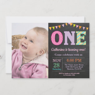 1st Birthday Invitation. Girl First Birthday Photo Invitation