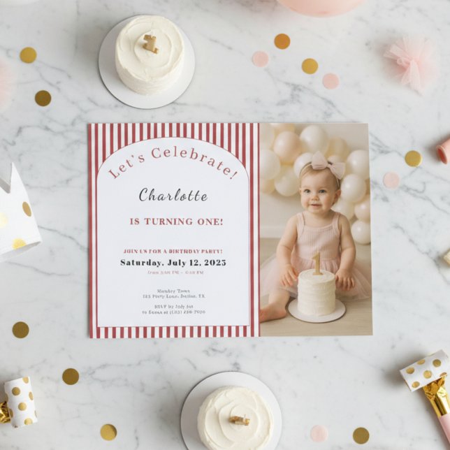 1st Birthday Invitation • Photo Template Red Strip (Photo first birthday invitation with red stripes and baby girl holding a cake, modern and elegant de)