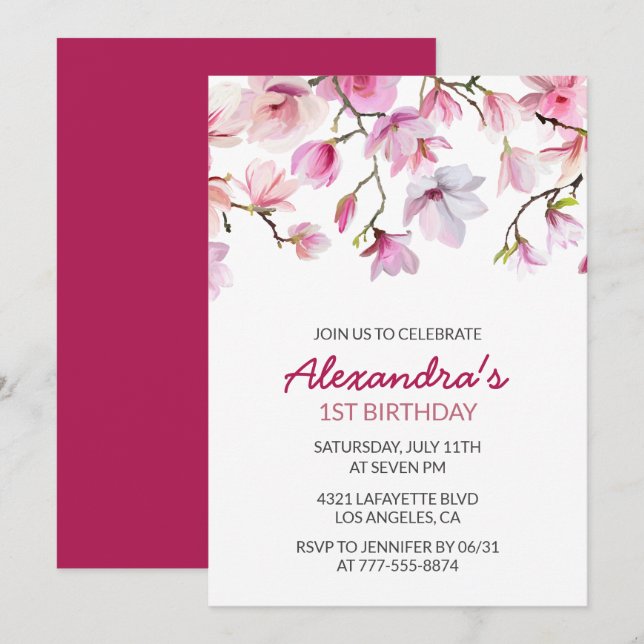 1st birthday invitation Watercolor Floral Simple (Front/Back)