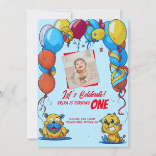 1st Birthday invitation with cartoons & balloons