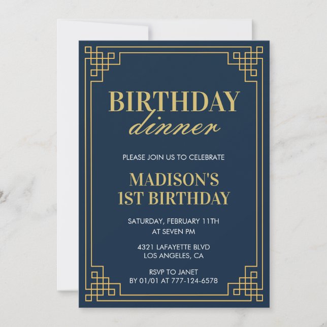 1st birthday invitations Birthday dinner girl navy (Front)