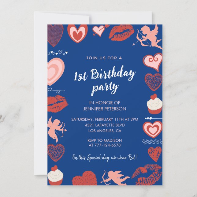 1st birthday invitations Blue Cute Hearts (Front)