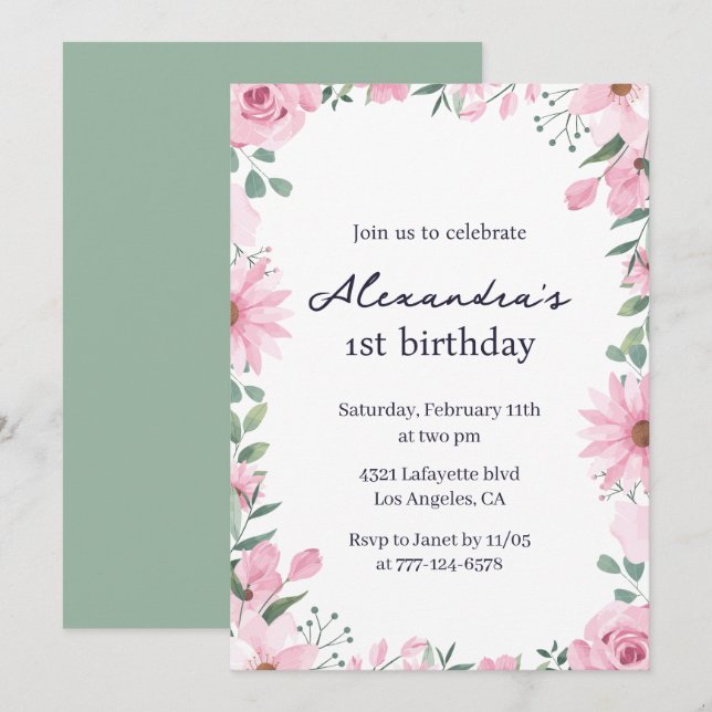 1st birthday invitations Floral Frame Pink Green (Front/Back)