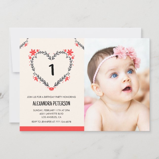 1st birthday invitations for her Floral Heart (Front)