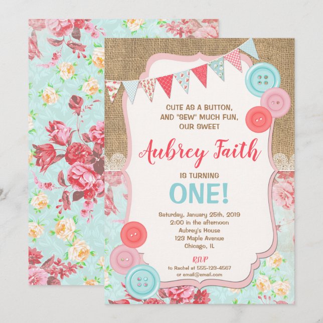 1st birthday invitations girl, Cute as a button (Front/Back)