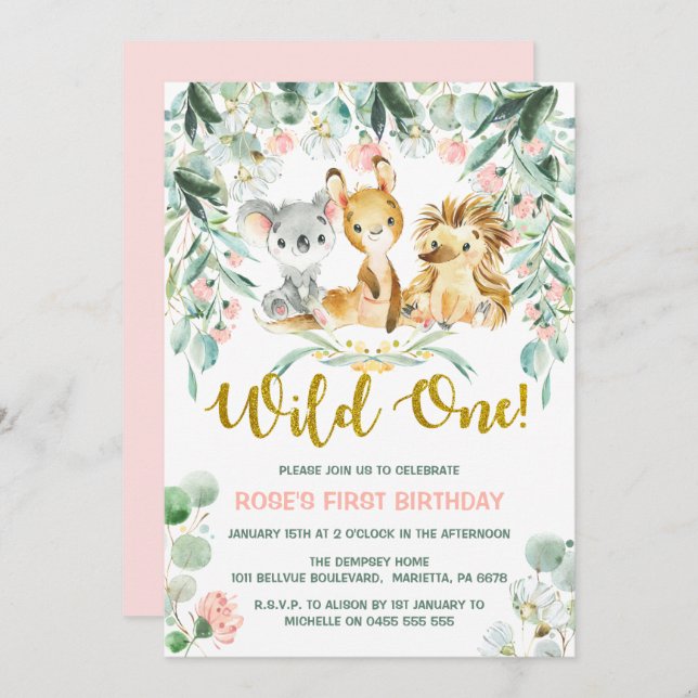 1st Birthday Invitations | Pink Jungle Babies (Front/Back)