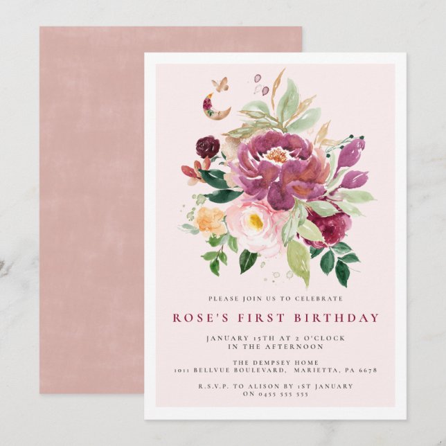 1st Birthday Invitations | Saffron Bouquet  (Front/Back)