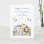 1st Birthday Jungle Animals Twin Boys Card<br><div class="desc">This 1st birthday card is suitable for twin sons,  grandsons or friends. The design includes an infant elephant,  giraffe and lion,  birthday balloons and hats.</div>