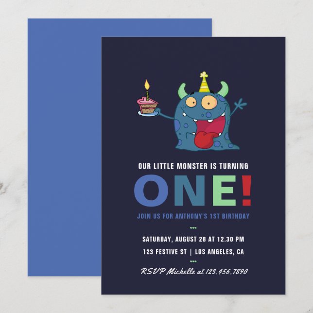 1st Birthday Little Monster Boy Party Invitation (Front/Back)