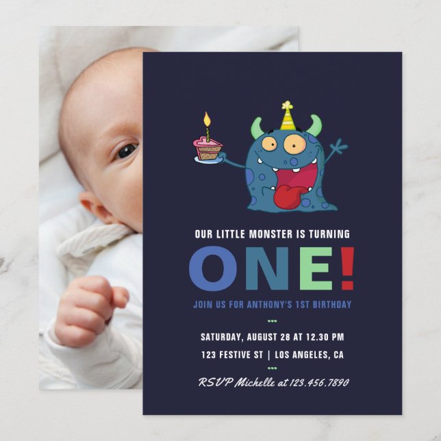 1st Birthday Little Monster Boy Party Invitation (Front/Back)
