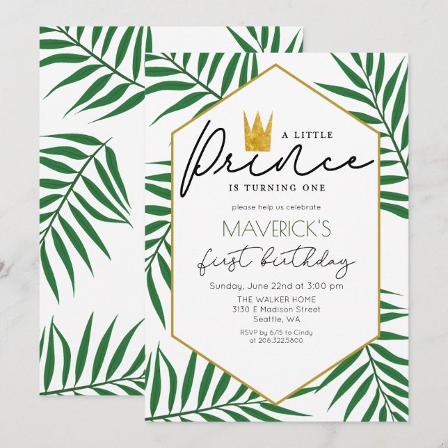 1st Birthday Little Prince Crown Leaf Invitation (Front/Back)