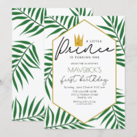 1st Birthday Little Prince Crown Leaf Invitation