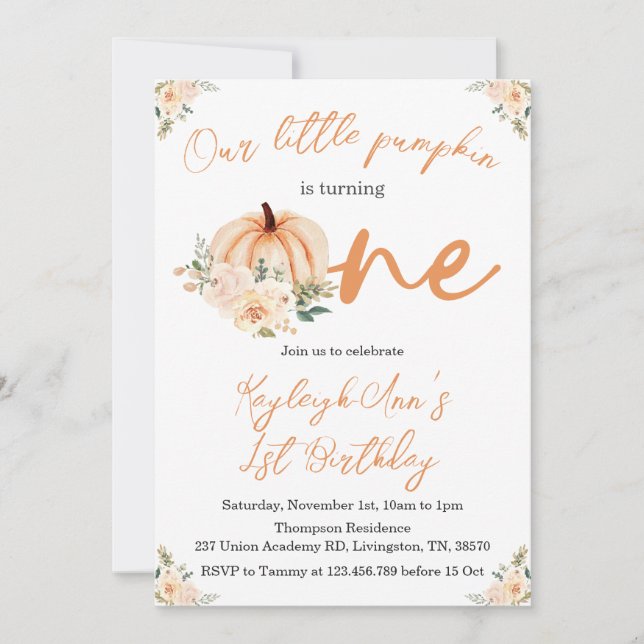 1st Birthday Little Pumpkin Fall / Autumn Invitation (Front)