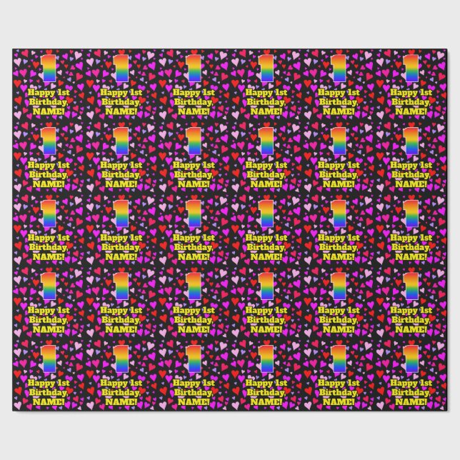 1st Birthday: Loving Hearts Pattern, Rainbow # 1 Wrapping Paper (Seam)