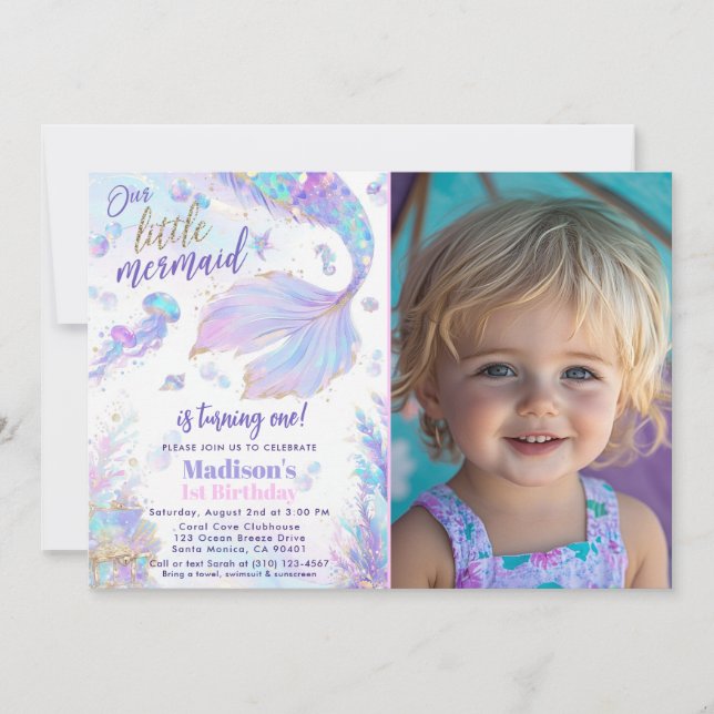 1st birthday Mermaid Photo Birthday Invitation (Front)