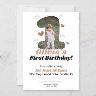 1st Birthday Minimalist Beige Teddy Hearts Magnetic Invitation