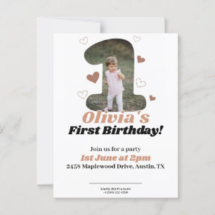 1st Birthday Minimalist Beige Teddy Hearts Postcard