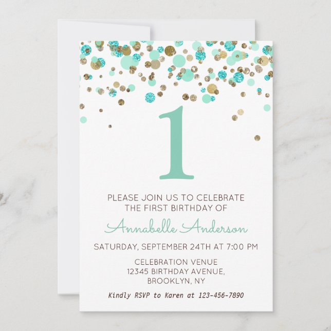 1st Birthday Mint Gold Glitter Sparkle Confetti Invitation (Front)