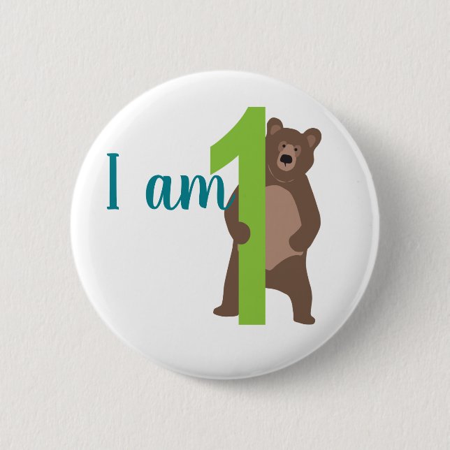 1st Birthday Modern Brown Bear 2 Inch Round Button (Front)