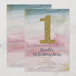 1st Birthday Modern Glam Watercolor Gold Confetti Invitation