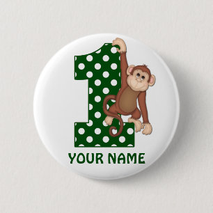 1st Birthday Monkey Green Personalized Button