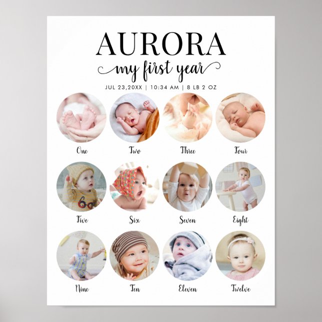 1st Birthday My First Year Milestone Photo Collage Poster (Front)