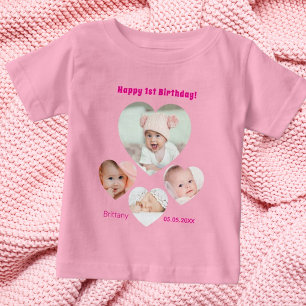 1st Birthday name age photo collage baby girl pink T-Shirt