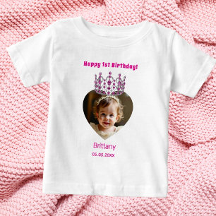 1st Birthday name age photo pink tiara baby girl T-Shirt