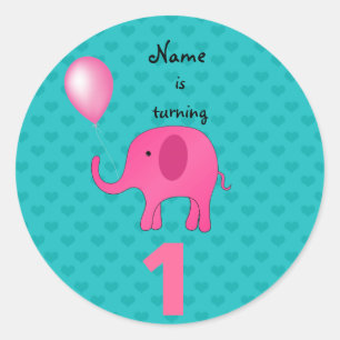 1st Birthday name elephant turquoise hearts Classic Round Sticker