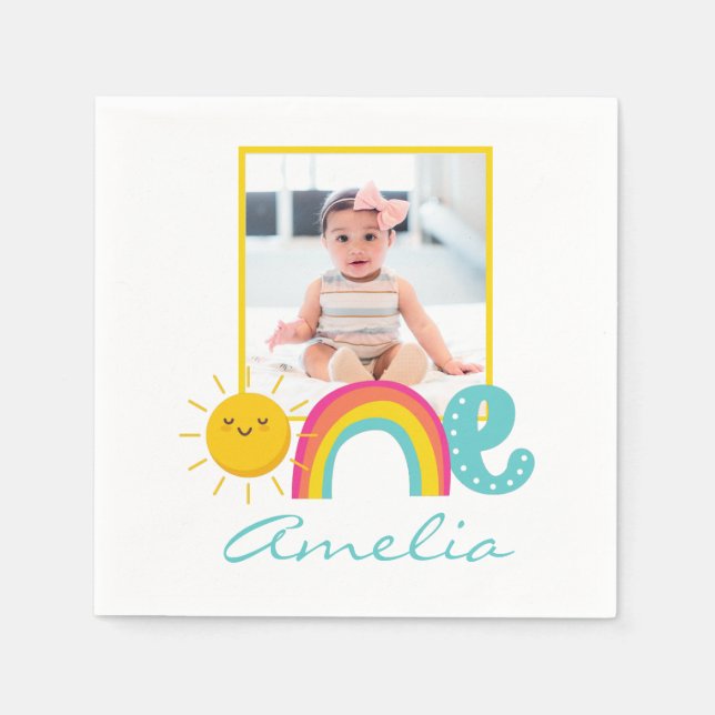 1st Birthday Napkins Custom Photo & Name Rainbow  (Front)