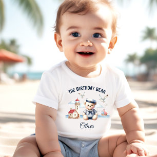 1st Birthday Nautical Sailor Cute Bear Boy Name Baby T-Shirt